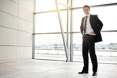 Buy stock photo Full length portrait of a businessman standing in the lobby