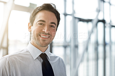 Buy stock photo Portrait, business and man with a smile, lobby and consultant with confidence, occupation and career. Face, male person and employee in a hallway, happiness and professional with startup success