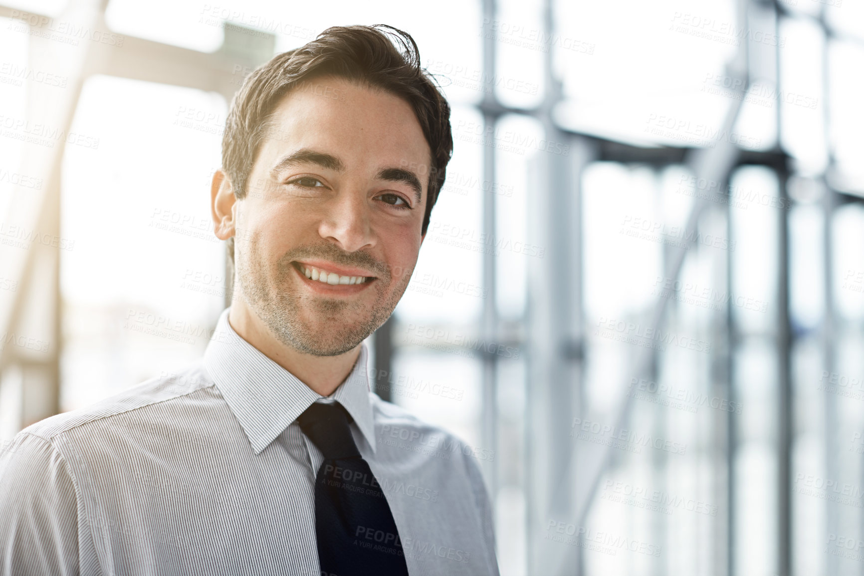 Buy stock photo Portrait, business and man with a smile, lobby and consultant with confidence, occupation and career. Face, male person and employee in a hallway, happiness and professional with startup success