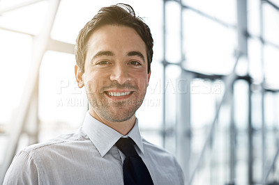 Buy stock photo Cropped portrait of a businessman standing in the lobby