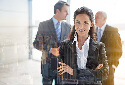Buy stock photo Portrait, overlay and a business woman in her office in the city with a vision of corporate success. Professional, arms crossed and a confident young female employee standing in her company for work