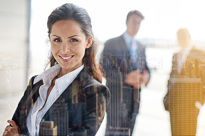 Buy stock photo Portrait, overlay and leadership with a manager woman arms crossed in her corporate office at work. Corporate, management and a female leader standing in her city workplace with a vision of growth