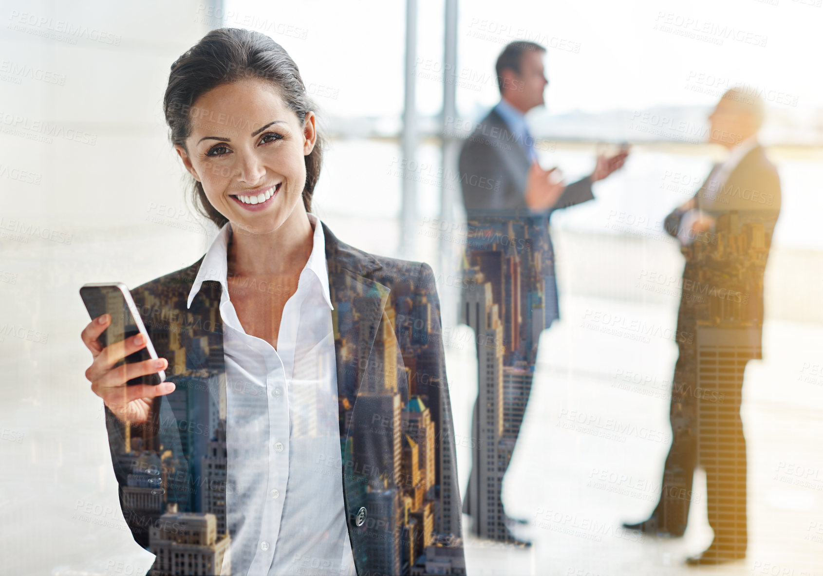 Buy stock photo Phone, portrait and business woman with double exposure of city for corporate networking and online chat. Cellphone, happy news and social media on mobile with professional person in office overlay