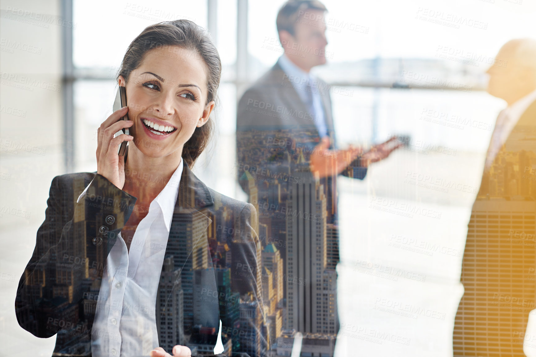 Buy stock photo Call, city overlay and woman thinking of business communication, happy networking and news on phone. Ideas, feedback and corporate person talking solution to client on mobile chat in glass reflection