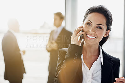 Buy stock photo Happy woman, thinking and phone call in business communication, online networking and news in light leak. Ideas, feedback and corporate person or employee talking of solution to client on mobile chat