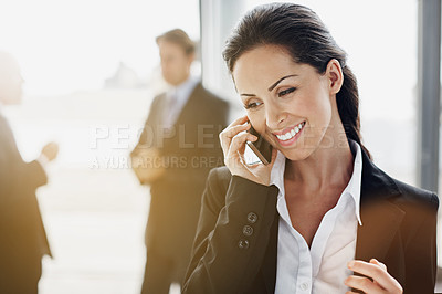 Buy stock photo Corporate woman, phone call and thinking in office lobby for online networking, happy communication and news feedback. Ideas, smile and solution of business person or employee talking on mobile chat
