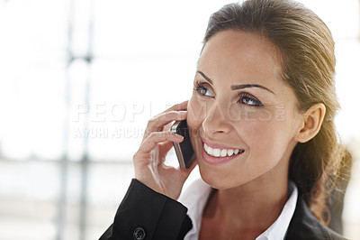 Buy stock photo Business woman, phone call and thinking in office lobby for online networking, happy communication and news feedback. Ideas, smile and solution of corporate person or employee talking on mobile chat