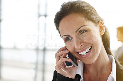 Buy stock photo Professional woman, phone call and thinking, happy communication or online networking in office building chat. Ideas, smile and solution of corporate worker or business person talking on mobile voip