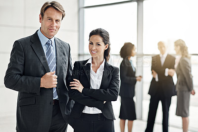 Buy stock photo Portrait, business and employees in a lobby, collaboration and teamwork at the workplace. Face, man and woman with confidence, happiness and coworkers with partnership, staff and startup success