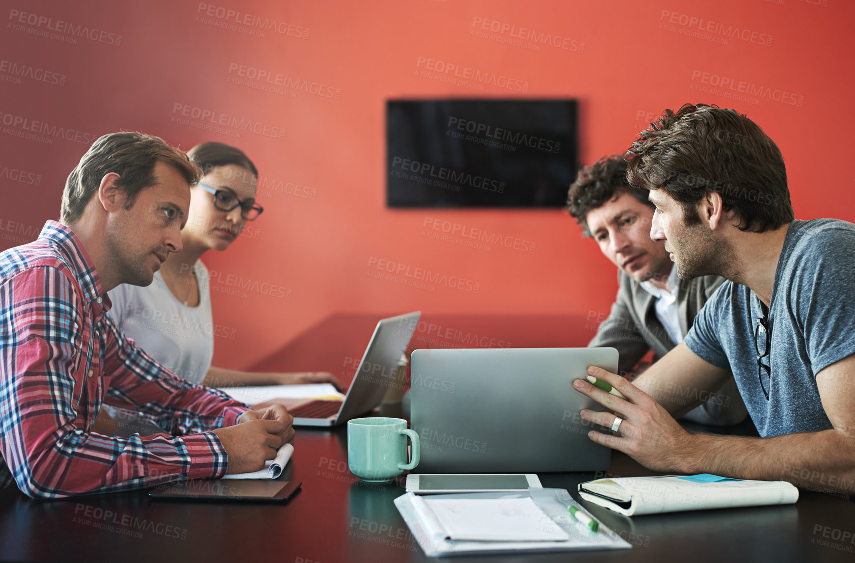 Buy stock photo Meeting, business and people with laptop as group for discussion, conference and teamwork with support of planning project. Man, woman and talking, document and ideas for research as developer