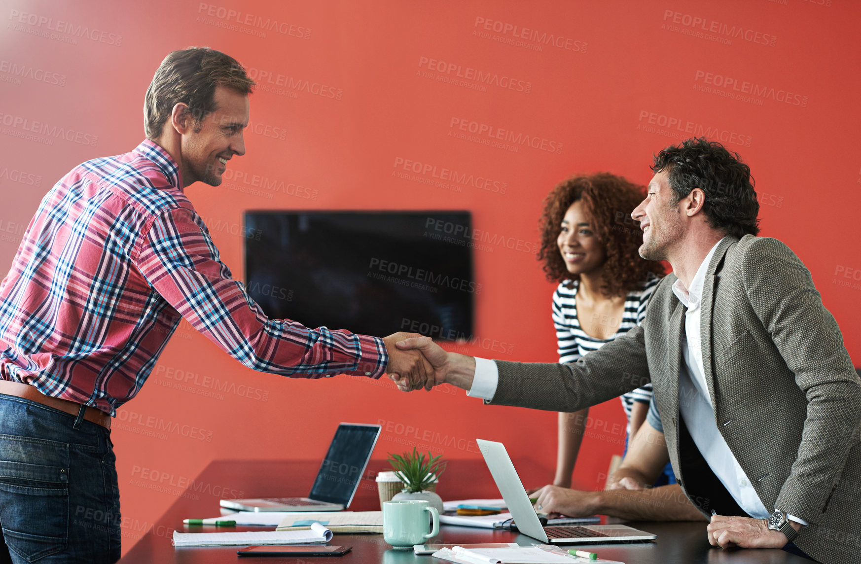Buy stock photo Business people, handshake and meeting with team for interview, partnership or agreement at office. Businessman shaking hands with intern, colleague or employee for b2b, deal or hiring at workplace