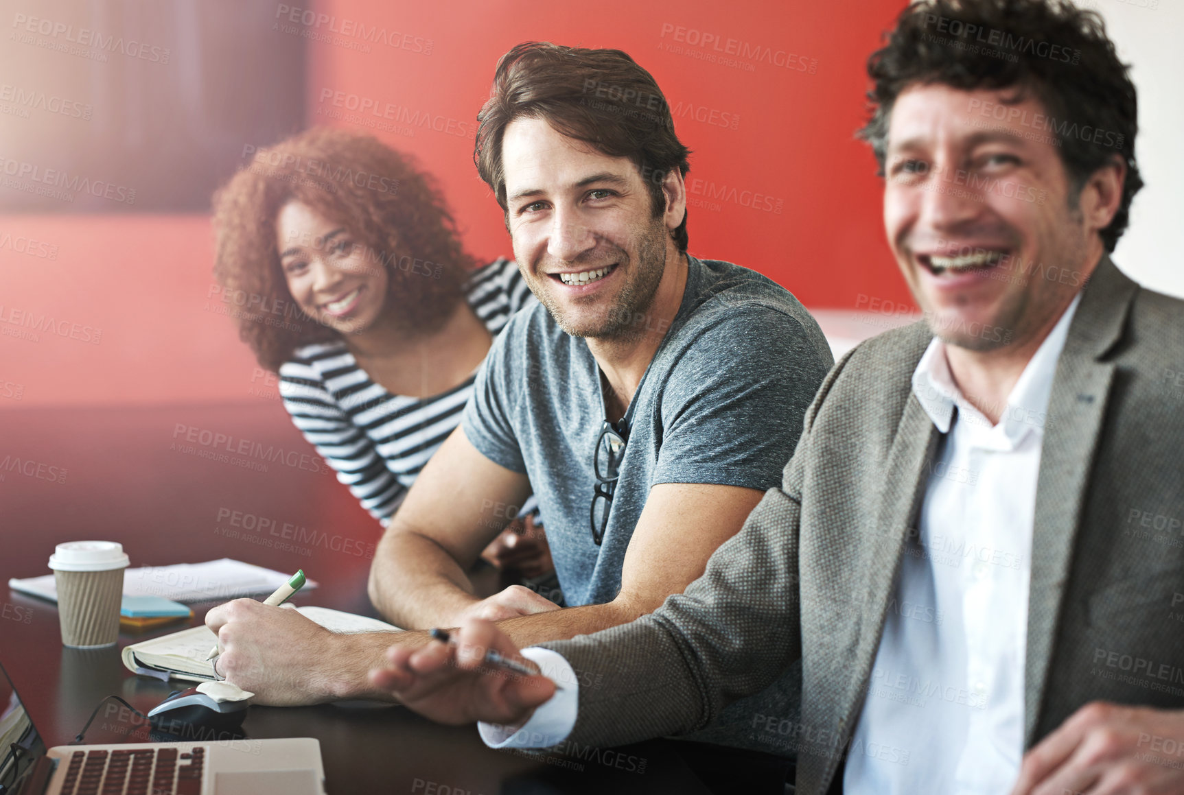 Buy stock photo Happy, businesspeople and portrait in office with meeting with tech, planning and teamwork. Strategy, corporate and smile with client feedback for financial company in boardroom with pride for career