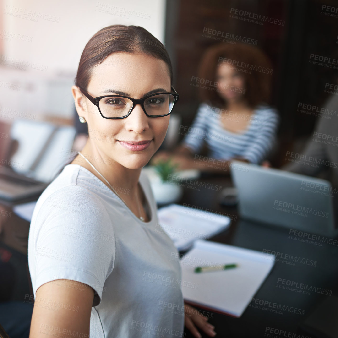 Buy stock photo Portrait, woman and boardroom for meeting with colleagues, office and corporate for planning. Professional, coworker and conference for financial advisor, team or technology for  strategy and project