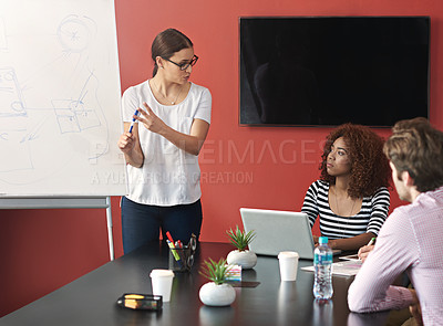 Buy stock photo Business woman, whiteboard and coaching in meeting with team for presentation in conferece at office. Young female person or employee training staff with flipchart for planning or project discussion