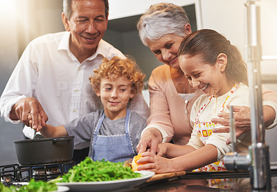 Buy stock photo Pot, happy children or grandparents teaching cooking skills for a healthy dinner with vegetables diet at home. Learning, kids siblings helping or grandmother with old man or food meal in kitchen