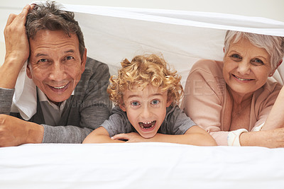 Buy stock photo Portrait, grandparents or excited boy in bedroom to relax together for bonding in Australia with love or care. Morning, faces or happy grandmother with funny kid or old man to enjoy quality bed time 