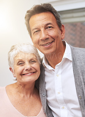 Buy stock photo Love, senior or portrait of happy couple in home or house for bonding together with support or smile. Retirement, old people or romantic man with an elderly woman for hug, peace or care in marriage