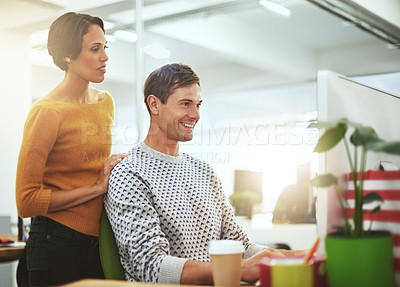 Buy stock photo Computer, helping and manager with businessman in office of startup company with creative career. Discussion, technology and team of graphic designers working on project with desktop in workplace.
