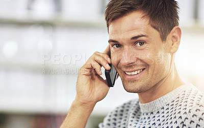 Buy stock photo Man, portrait and phone call on app in office, smile and communication or networking for business. Male person, creative business and happy for consulting on tech, conversation and internet for plan