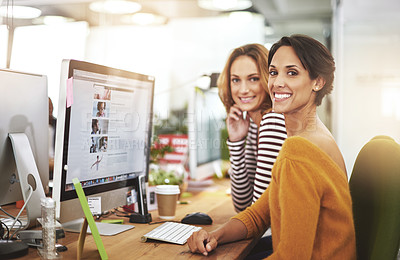 Buy stock photo Computer, portrait and happy business women in office at table in startup company for creative career. Face, coworking and smile of team together, entrepreneur or professional web designer at desk