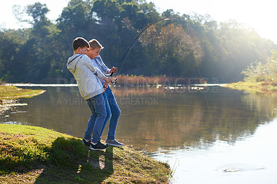 Buy stock photo Happy, young boys and nature with fishing and bonding together at a lake on summer vacation for fun adventure. Friends, kids and smile to play outdoor near water for recreation or hobby on holiday