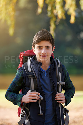 Buy stock photo Portrait, teen or boy with backpack for hiking outdoors, adventure and weekend trip in Brazil. Summer, travel and person active in nature for health, wellness and walking as hobby or holiday routine