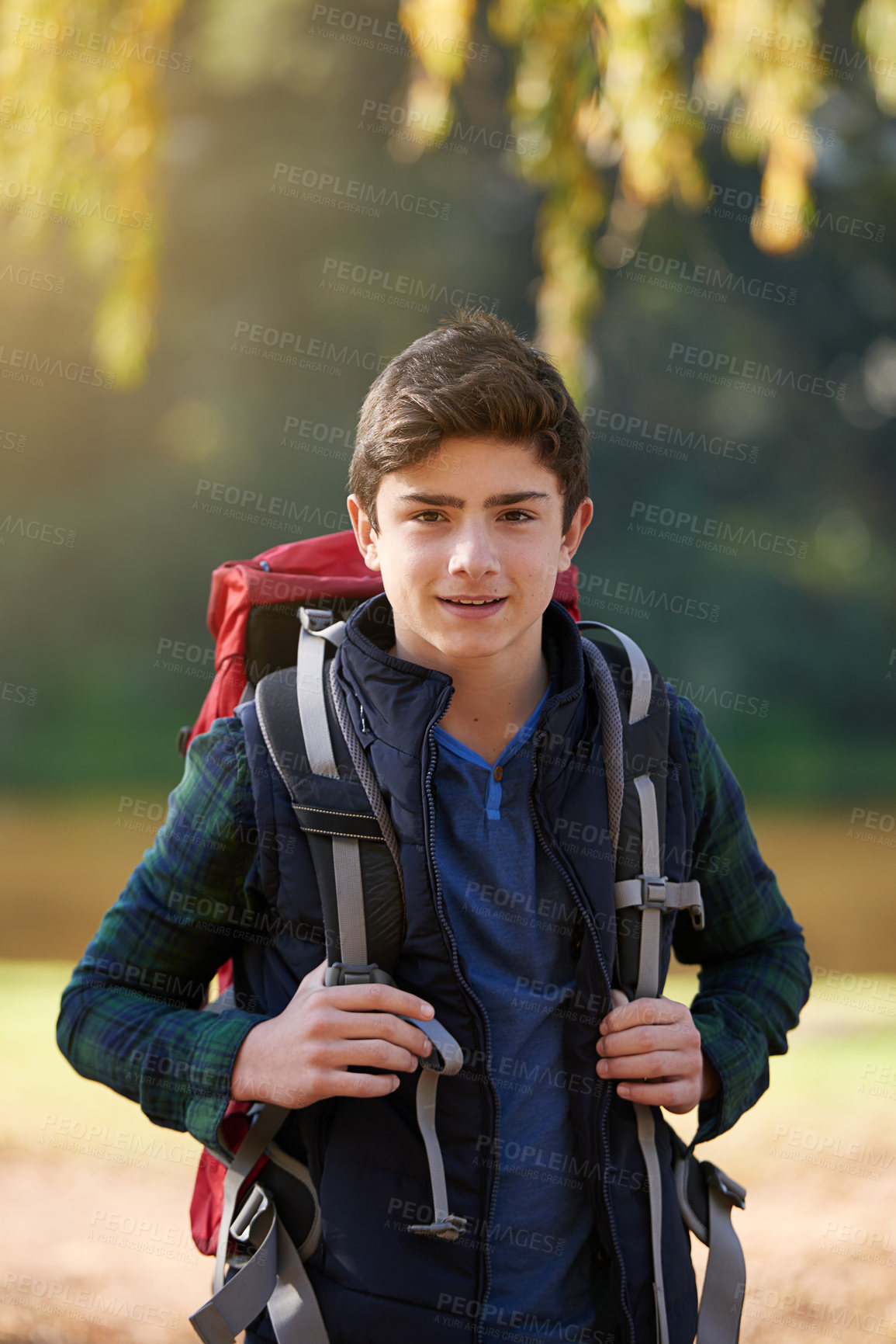 Buy stock photo Portrait, teen or boy with backpack for hiking outdoors, adventure and weekend trip in Brazil. Summer, travel and person active in nature for health, wellness and walking as hobby or holiday routine