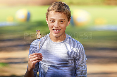 Buy stock photo Portrait, boy and marshmallow on stick for camping, food and travel on summer holiday. Face, smile and sweets for hungry young child on vacation adventure, outdoor and nature with candy for snack