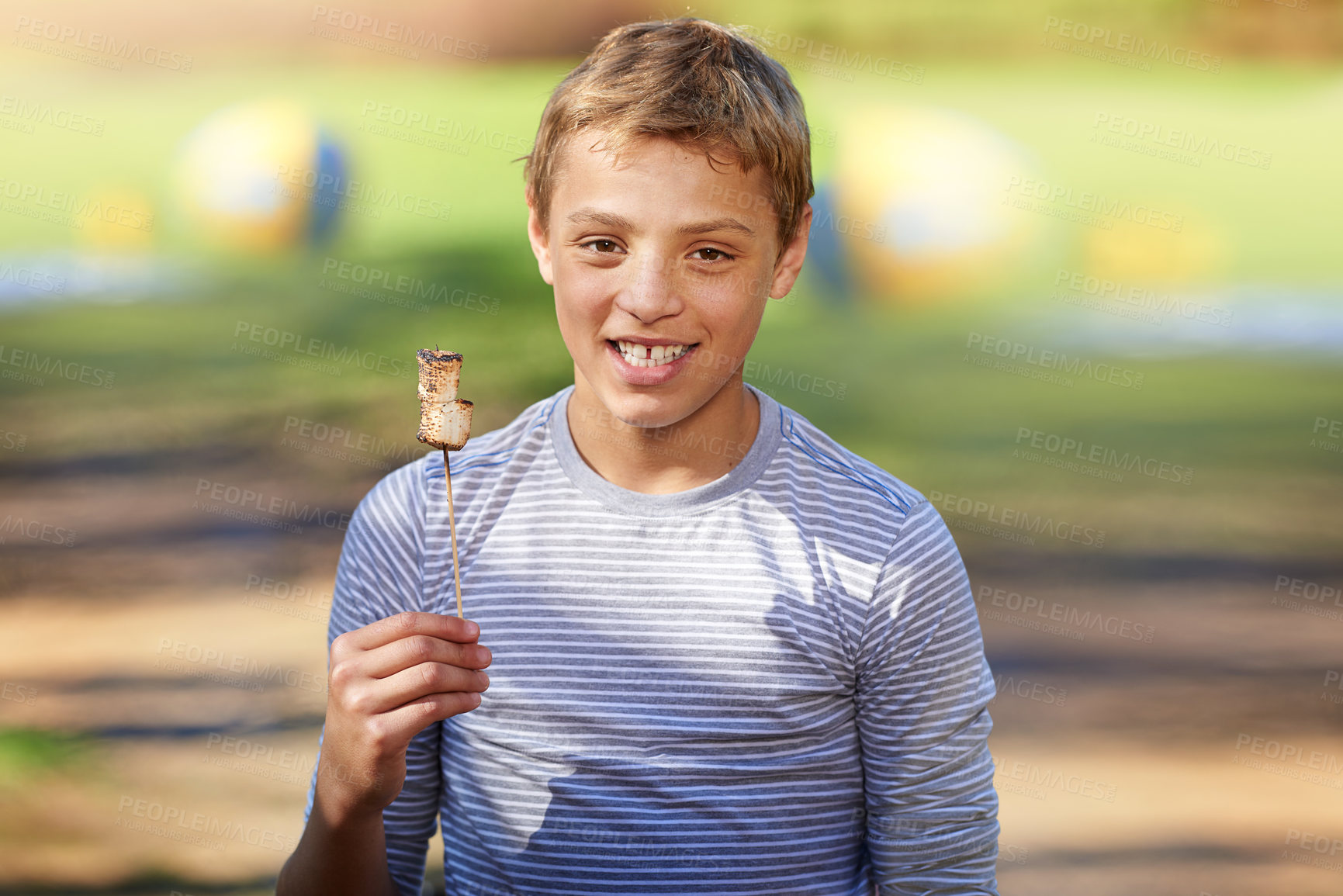 Buy stock photo Portrait, boy and marshmallow on stick for camping, food and travel on summer holiday. Face, smile and sweets for hungry young child on vacation adventure, outdoor and nature with candy for snack