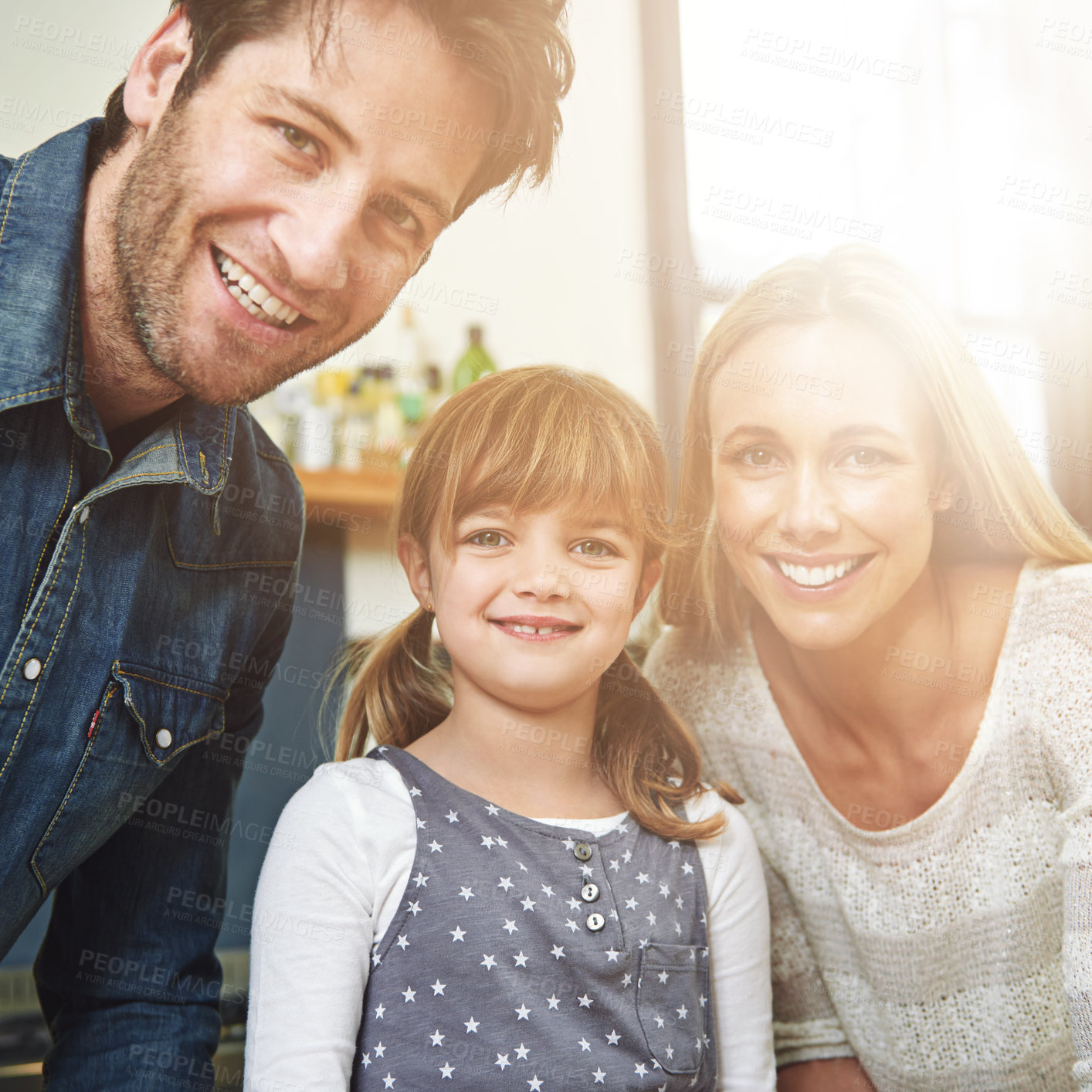 Buy stock photo Kitchen, portrait and family with girl, smile and parents with happiness and bonding together. Face, mother and father with daughter, childhood and kid for hobby, activity and in home lens flare