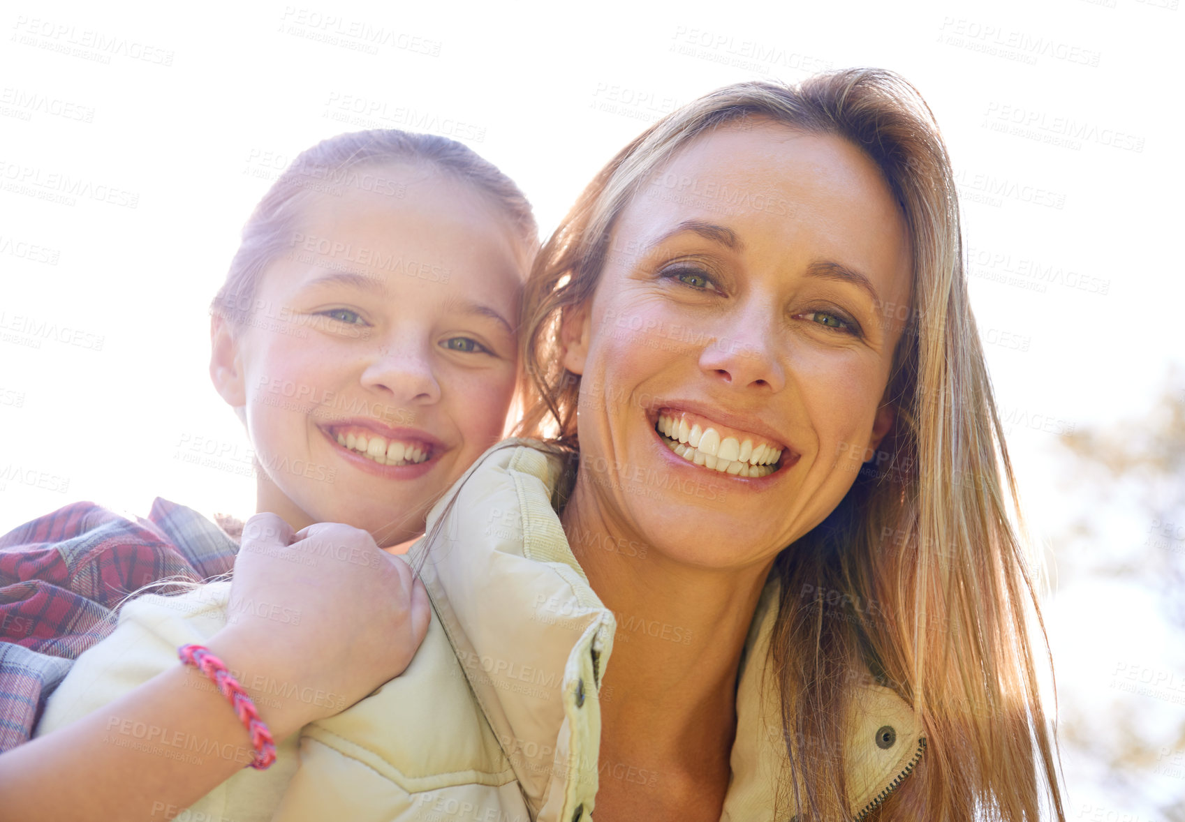 Buy stock photo Face portrait, hug and happy mom, kid or people trekking, walking or hiking in nature, forest or outdoor woods. Mothers day, family and child smile, bonding and together with mother on piggyback ride