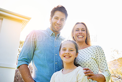 Buy stock photo Portrait, sunshine and happy family child, mother and father support, bonding and enjoy outdoor quality time together in Spain. Love, sky or happiness of mama, papa and youth kid smile for unity care