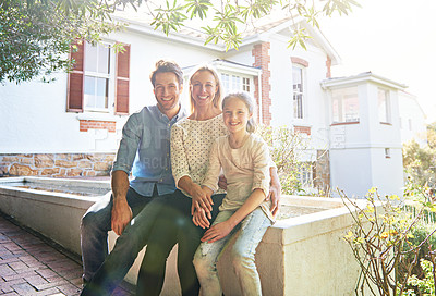 Buy stock photo New house, outdoor portrait or relax happy family with luxury home, real estate or property purchase, sale or investment. Backyard, bond or sitting woman, man or homeowner people smile for relocation