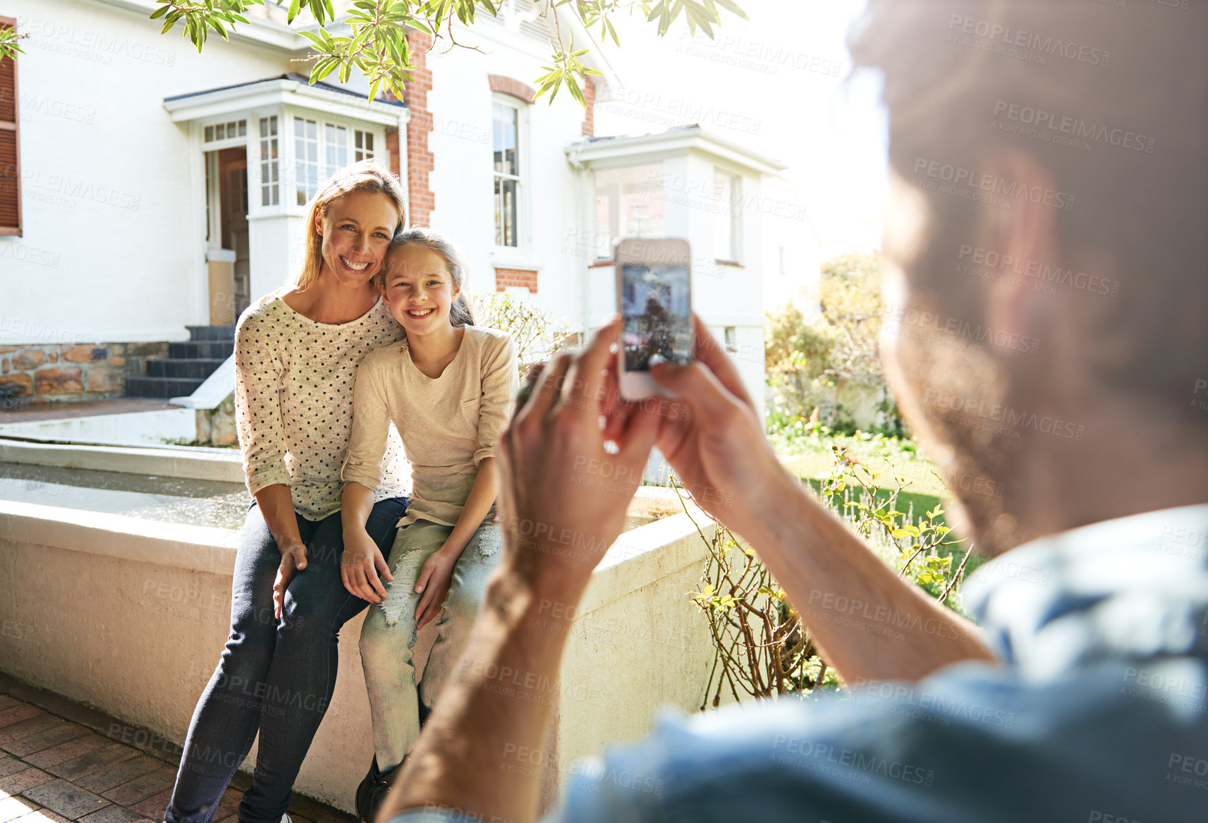 Buy stock photo Family photography, house and camera phone photo of kid, mother or people with father taking cellphone picture. Love bond, outdoor and happy mom, dad and child care, smile and post to social network 