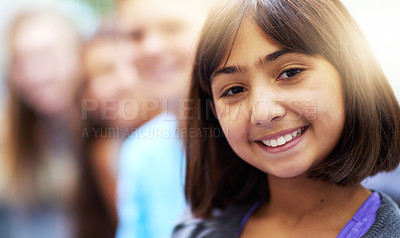 Buy stock photo Girl, portrait and smile in corridor at school with confidence and pride for learning, education or knowledge. Student, person or face and happy in building or hallway before class and ready to study