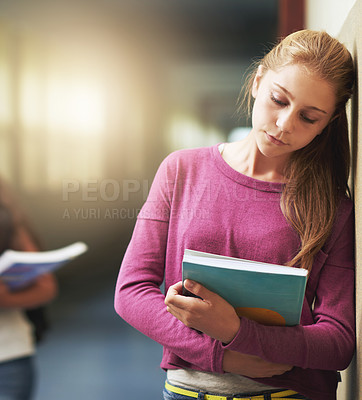 Buy stock photo Girl, sad and school bullying with book, anxiety and depression from problem with students at academy. Young, teenager and upset with notebook and kids gossip in hallway, education and wall mock up