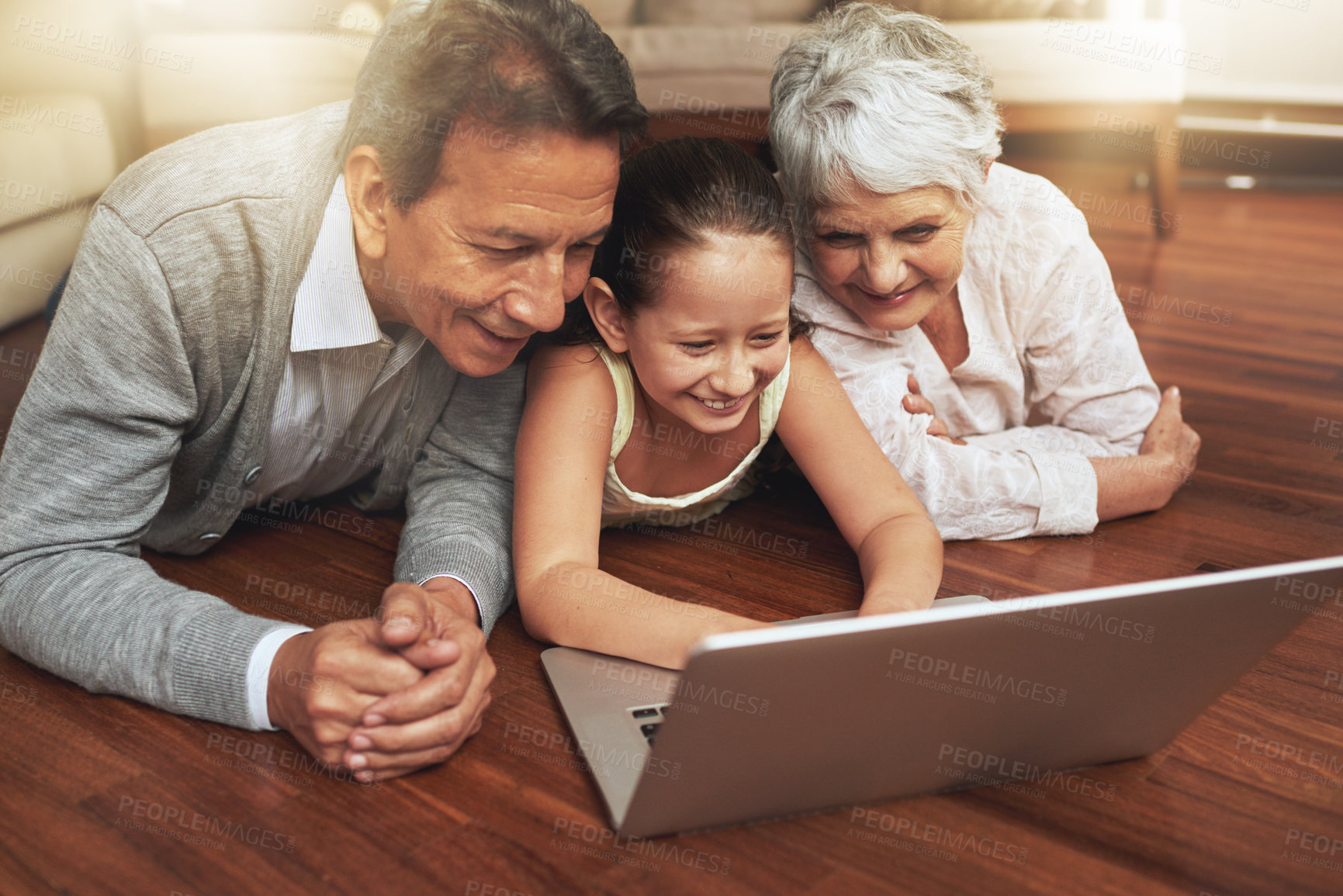 Buy stock photo Shot of a little girl showing her grandparents something on a laptop
