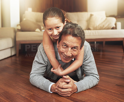 Buy stock photo Portrait, home and grandfather on the floor, girl and happiness with love and vacation. Face, apartment and elderly man with grandchild or bonding together with fun and playing with holiday and relax
