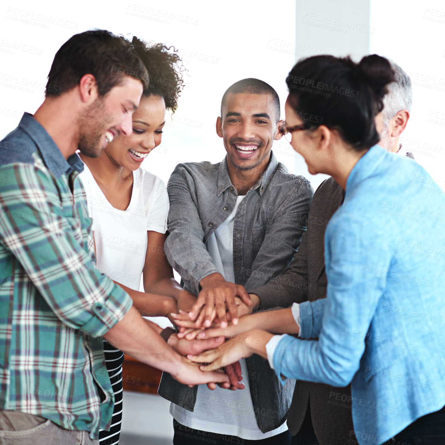 Buy stock photo Portrait of man, business people and hand stack in office for success, celebration and smile. Meeting, partnership and team building or group for project, achievement or pride and diversity in agency