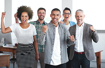 Buy stock photo Team, business people or celebrate with fist pump in office for win, collaboration or success with smile. Group, portrait or achievement with inclusion or support in company, staff with hands for yes