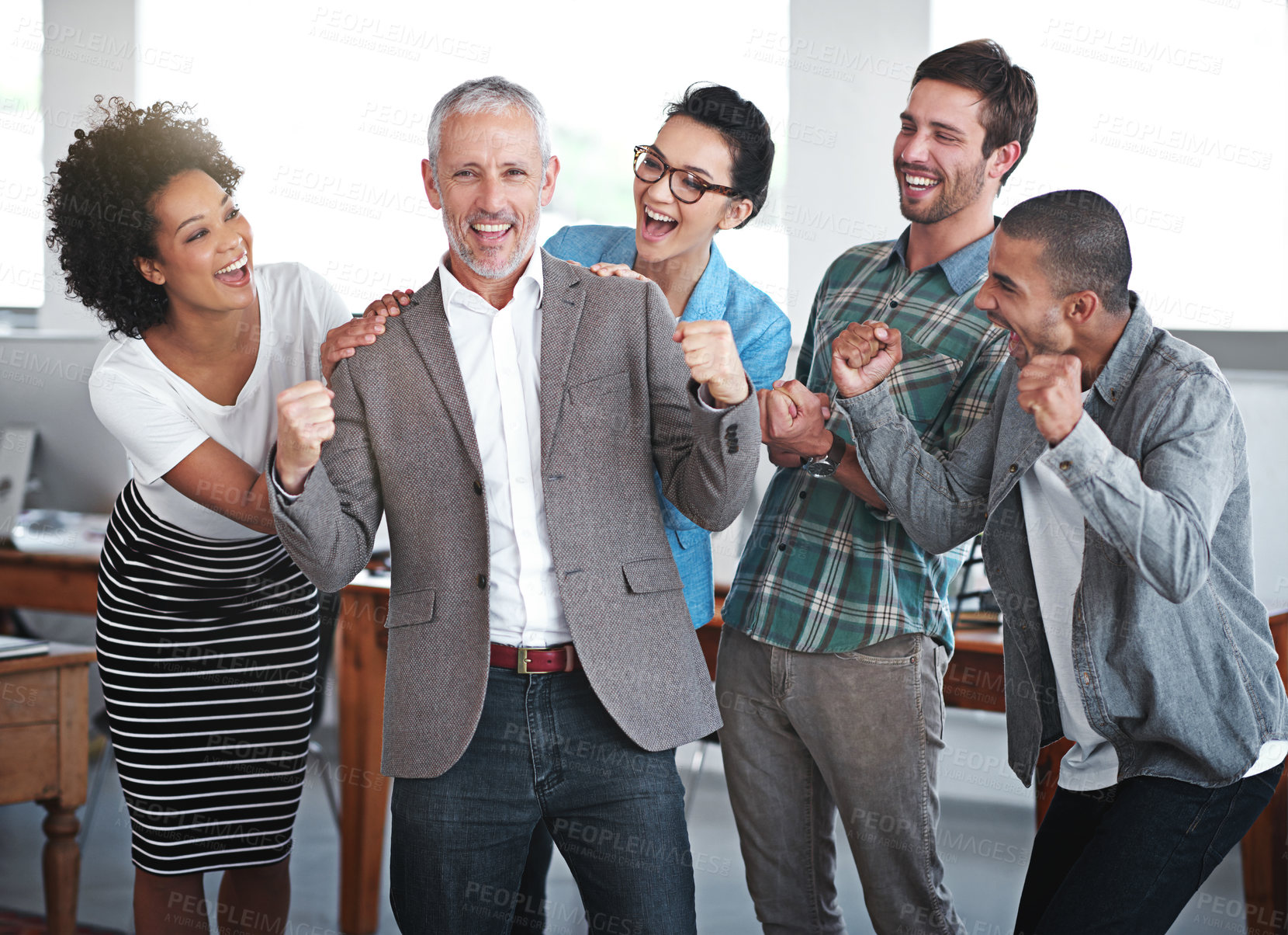 Buy stock photo Teamwork, celebration and portrait of ceo in office for business, meeting and achievement. Collaboration, smile and manager or man and success in workplace for support, winning and working together