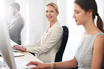 Buy stock photo Portrait, smile and woman, creative designer and professional in company office. Face, entrepreneur and web design worker on computer coworking, happiness and success mindset in business startup.