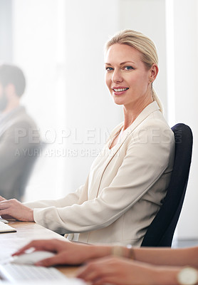 Buy stock photo Happy, portrait and business woman, accountant and professional in company office. Face, entrepreneur and accounting, worker or auditor coworking, pride for career and success mindset in workplace.