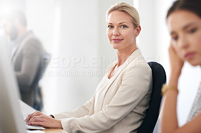 Buy stock photo Portrait, business and woman, creative designer and professional in company office. Face, entrepreneur and graphic design worker on computer coworking, pride and success mindset in workplace startup.