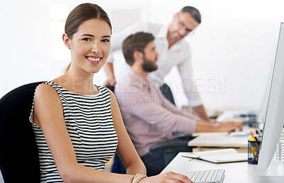 Buy stock photo Portrait, smile and woman, creative designer or employee in startup company. Face, entrepreneur and design professional from Australia with pride for career, success mindset for business or coworking