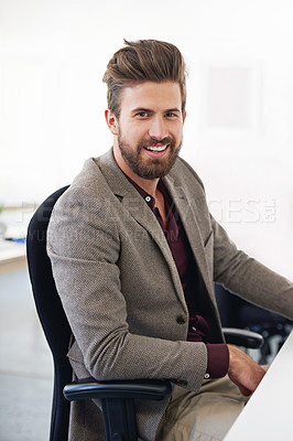 Buy stock photo Happy, portrait and business man, accountant or auditor in company office. Face, entrepreneur and accounting professional from Canada with pride for career, corporate job and success mindset at work.