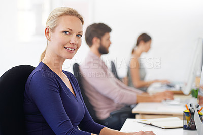 Buy stock photo Happy, portrait and woman, creative designer and employee in startup company office. Face, entrepreneur and design professional with pride for career, job and business success mindset for coworking.