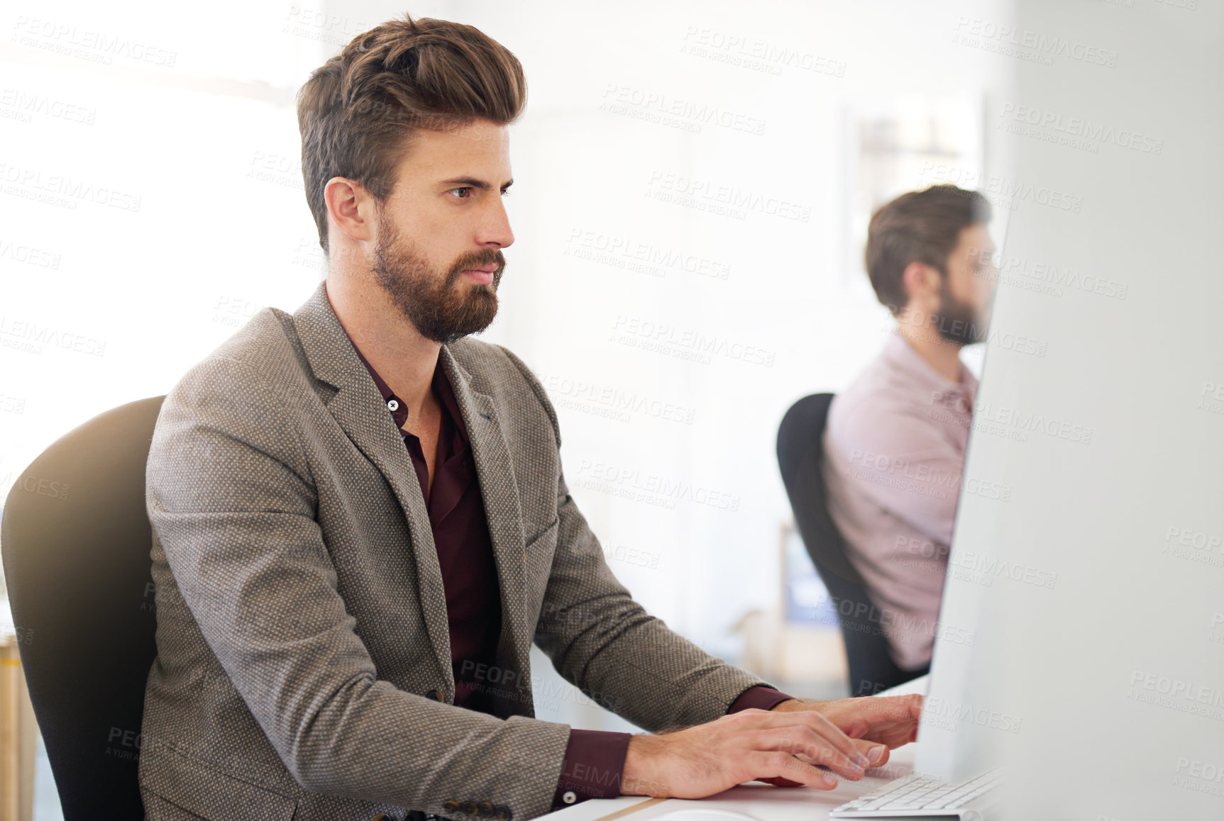 Buy stock photo Businessman, reading and typing with computer in office for campaign planning, update media contact and project. Public relations employee, online and working on technology for research market trends