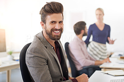 Buy stock photo Happy, portrait and business man, auditor or accountant in company office. Face, entrepreneur and accounting professional with pride for career, corporate job or success mindset for coworking at work