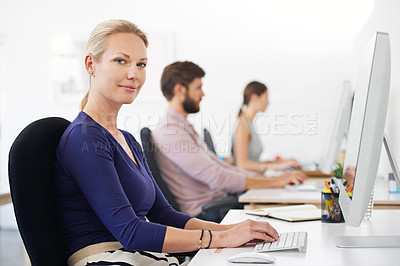 Buy stock photo Portrait, business and woman, creative designer and employee in startup company on computer. Face, entrepreneur or design professional with pride for career, job or success mindset for coworking.